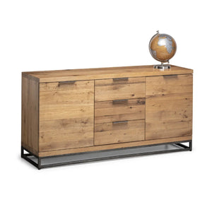 Julian Bowen Brooklyn Solid Oak Sideboard with 2 Cupboards, 3 Drawers & Industrial Metal Legs - Sleek Furniture