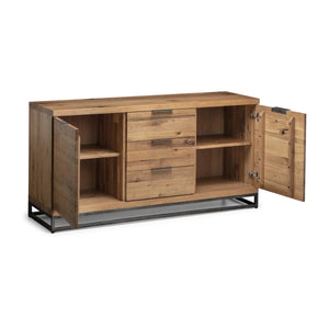 Julian Bowen Brooklyn Solid Oak Sideboard with 2 Cupboards, 3 Drawers & Industrial Metal Legs - Sleek Furniture