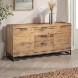 Julian Bowen Brooklyn Solid Oak Sideboard with 2 Cupboards, 3 Drawers & Industrial Metal Legs - Sleek Furniture