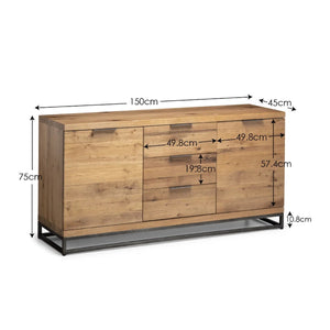Julian Bowen Brooklyn Solid Oak Sideboard with 2 Cupboards, 3 Drawers & Industrial Metal Legs - Sleek Furniture