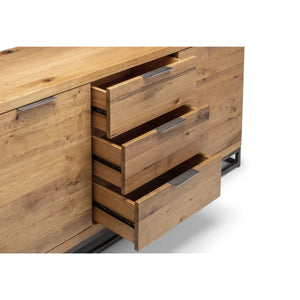 Julian Bowen Brooklyn Solid Oak Sideboard with 2 Cupboards, 3 Drawers & Industrial Metal Legs - Sleek Furniture