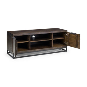 Julian Bowen Brooklyn Solid Oak TV Unit with Industrial Metal Legs, 2 Cupboards & Open Shelf, Rustic Dark Oak Entertainment Stand for TVs up to 55 Inches - Sleek Furniture