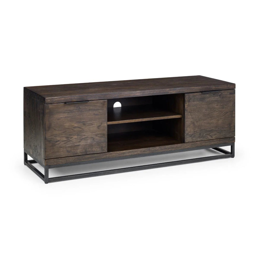 Julian Bowen Brooklyn Solid Oak TV Unit with Industrial Metal Legs, 2 Cupboards & Open Shelf, Rustic Dark Oak Entertainment Stand for TVs up to 55 Inches - Sleek Furniture