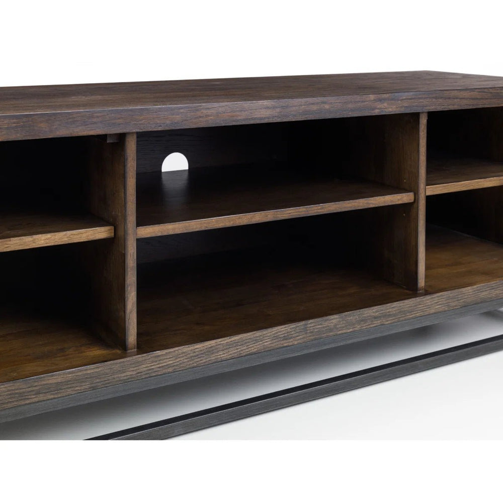 Julian Bowen Brooklyn Solid Oak TV Unit with Industrial Metal Legs, 2 Cupboards & Open Shelf, Rustic Dark Oak Entertainment Stand for TVs up to 55 Inches - Sleek Furniture