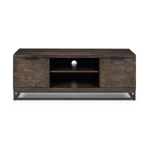 Julian Bowen Brooklyn Solid Oak TV Unit with Industrial Metal Legs, 2 Cupboards & Open Shelf, Rustic Dark Oak Entertainment Stand for TVs up to 55 Inches - Sleek Furniture