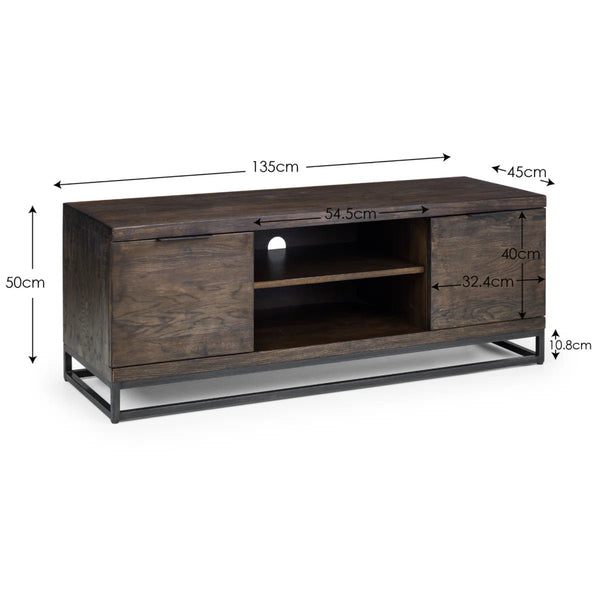 Julian Bowen Brooklyn Solid Oak TV Unit with Industrial Metal Legs, 2 Cupboards & Open Shelf, Rustic Dark Oak Entertainment Stand for TVs up to 55 Inches - Sleek Furniture