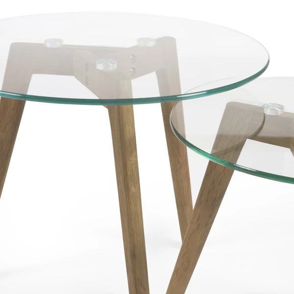 Julian Bowen Bryant Nest of 2 Round Glass Side Tables with Solid Oak Tripod Base - Sleek Furniture
