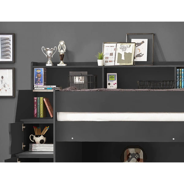 Julian Bowen Camelot Anthracite Wooden Storage Bunk Bed with Staircase and Built-In Drawers - Sleek Furniture