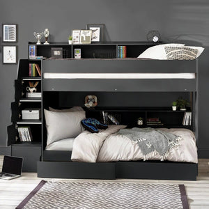 Julian Bowen Camelot Anthracite Wooden Storage Bunk Bed with Staircase and Built-In Drawers - Sleek Furniture