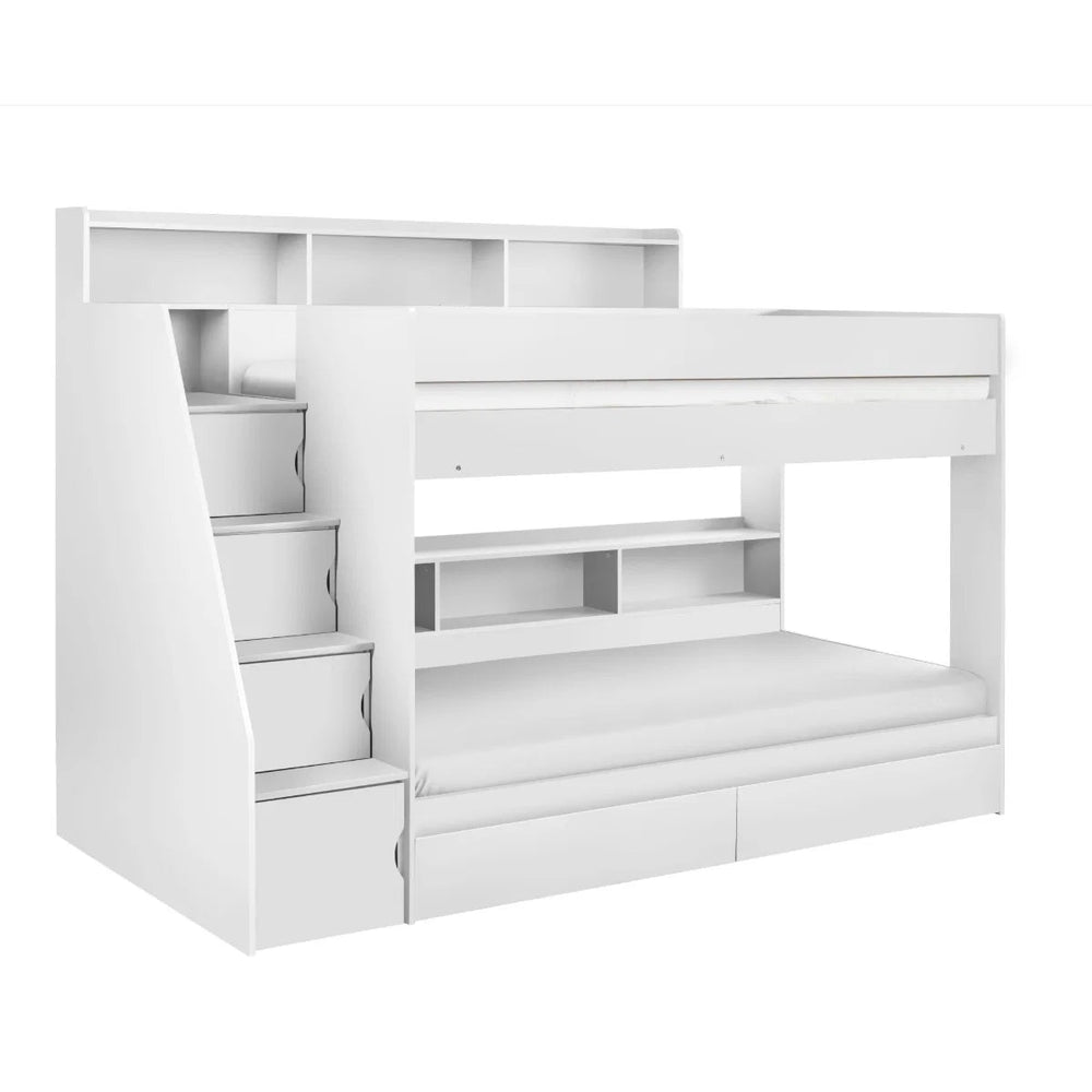 Julian Bowen Camelot White Wooden Bunk Bed with Storage Stairs & Integrated Drawers - Sleek Furniture