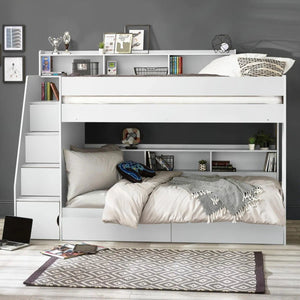 Julian Bowen Camelot White Wooden Bunk Bed with Storage Stairs & Integrated Drawers - Sleek Furniture