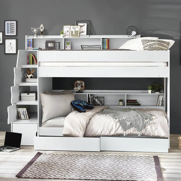 Julian Bowen Camelot White Wooden Bunk Bed with Storage Stairs & Integrated Drawers - Sleek Furniture
