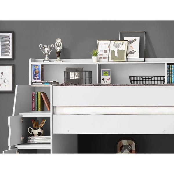 Julian Bowen Camelot White Wooden Bunk Bed with Storage Stairs & Integrated Drawers - Sleek Furniture
