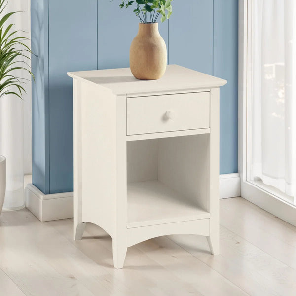 Julian Bowen Cameo 1 Drawer Bedside Table with Open Storage Shelf – Stone White Wooden Nightstand for Bedroom - Sleek Furniture
