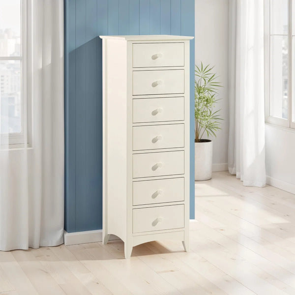 Julian Bowen Cameo 7 Drawer Narrow Chest in Stone White – Tall Shaker Style Bedroom Storage Chest with Solid Pine Frame - Sleek Furniture