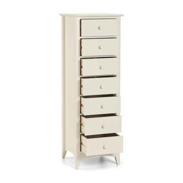 Julian Bowen Cameo 7 Drawer Narrow Chest in Stone White – Tall Shaker Style Bedroom Storage Chest with Solid Pine Frame - Sleek Furniture