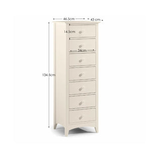 Julian Bowen Cameo 7 Drawer Narrow Chest in Stone White – Tall Shaker Style Bedroom Storage Chest with Solid Pine Frame - Sleek Furniture