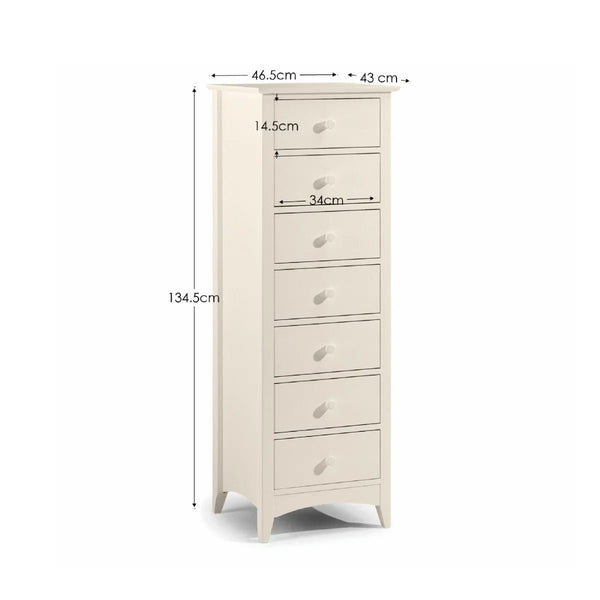 Julian Bowen Cameo 7 Drawer Narrow Chest in Stone White – Tall Shaker Style Bedroom Storage Chest with Solid Pine Frame - Sleek Furniture