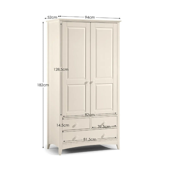 Julian Bowen Cameo Stone White Combination Wardrobe with 2 Doors, 3 Drawers & Hanging Rail – Shaker Style Bedroom Storage Cabinet - Sleek Furniture