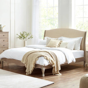 Julian Bowen Camille 150cm King Size Bed Frame with Upholstered Oatmeal Linen Headboard & Limed Oak Finish - Sleek Furniture