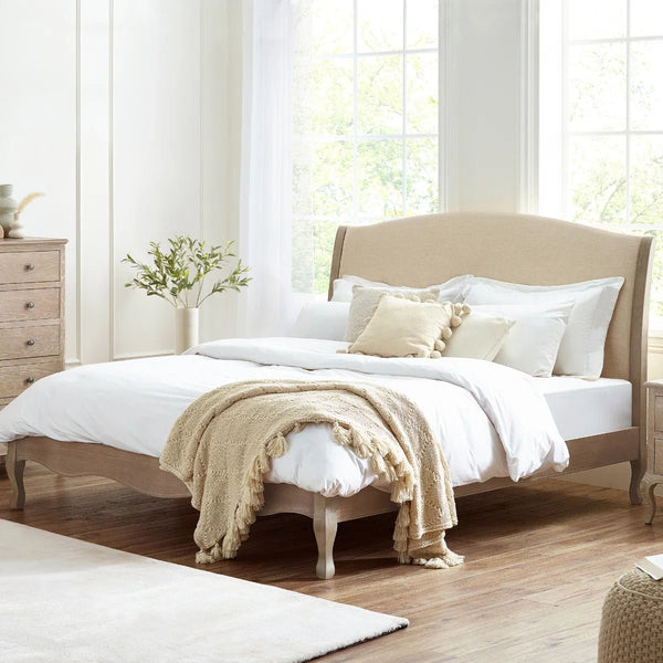 Julian Bowen Camille 150cm King Size Bed Frame with Upholstered Oatmeal Linen Headboard & Limed Oak Finish - Sleek Furniture