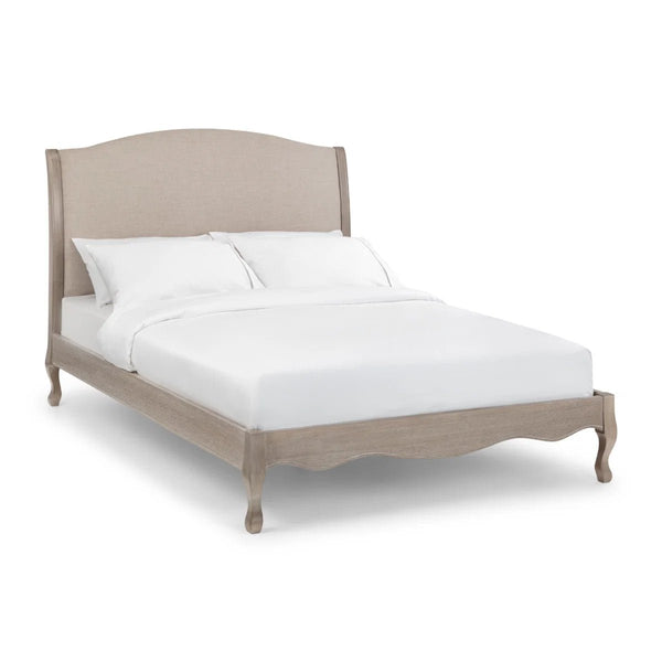 Julian Bowen Camille French Style Limed Oak Bed Frame with Upholstered Oatmeal Linen Headboard – Double, King & Super King - Sleek Furniture