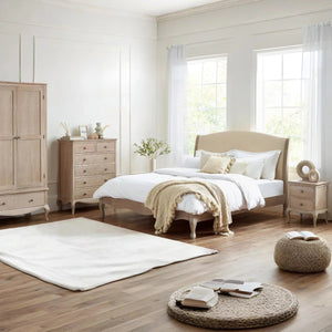 Julian Bowen Camille Limed Oak Bed Frame with Upholstered Oatmeal Linen Headboard – Double, King & Super King - Sleek Furniture