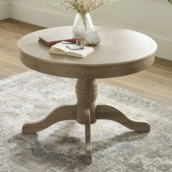 Julian Bowen Camille Round Extending Dining Table in Limed Oak – 110-145cm Extendable Pedestal Dining Table - Sleek Furniture