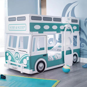 Julian Bowen Campervan Wooden Bunk Bed with Surfboard Ladder, Movable Steering Wheel & Vintage Green and White Finish - Sleek Furniture