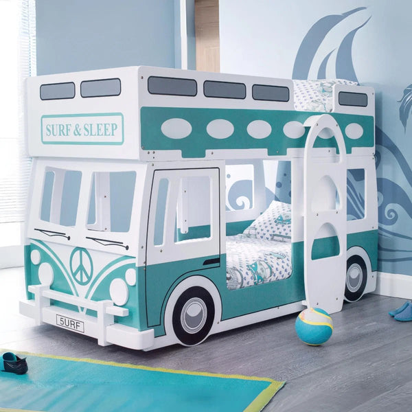 Julian Bowen Campervan Wooden Bunk Bed with Surfboard Ladder, Movable Steering Wheel & Vintage Green and White Finish - Sleek Furniture