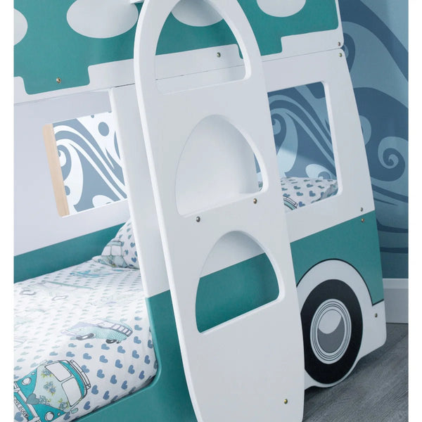 Julian Bowen Campervan Wooden Bunk Bed with Surfboard Ladder, Movable Steering Wheel & Vintage Green and White Finish - Sleek Furniture