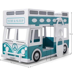 Julian Bowen Campervan Wooden Bunk Bed with Surfboard Ladder, Movable Steering Wheel & Vintage Green and White Finish - Sleek Furniture