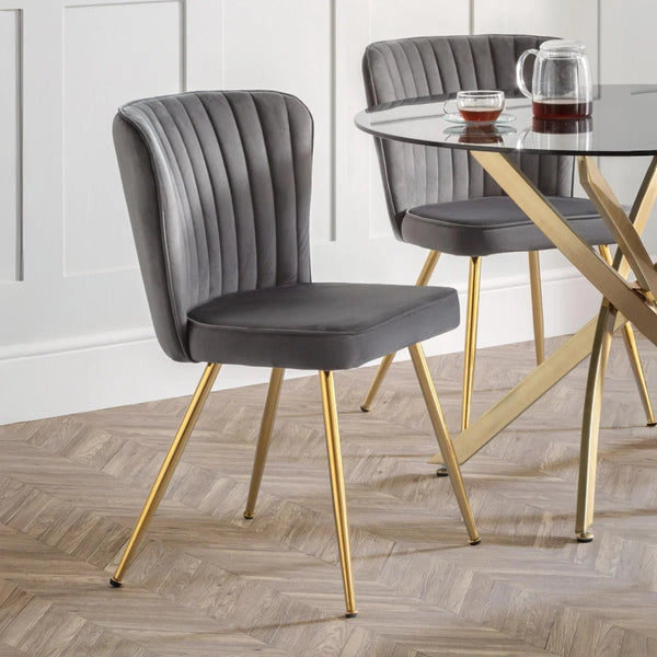 Julian Bowen Cannes Velvet Dining Chairs with Scalloped Back & Gold Legs – Set of 2 - Sleek Furniture