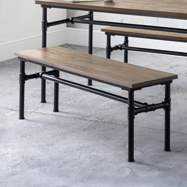 Julian Bowen Carnegie Industrial Elm Wood Dining Bench with Powder-Coated Steel Pipe Legs - Mocha Finish - 120cm - Sleek Furniture
