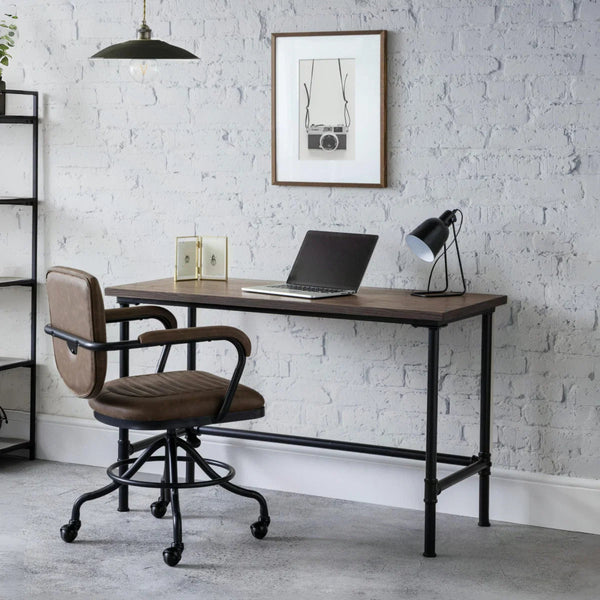 Julian Bowen Carnegie Industrial Pipe Office Desk with Mocha Elm Wood Finish & Black Steel Frame – 120cm - Sleek Furniture