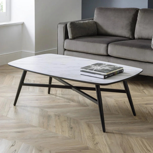 Julian Bowen Caruso White Marble Effect Rectangular Coffee Table with Black Powder-Coated Steel Legs – Modern Living Room Centre Table - Sleek Furniture