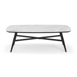 Julian Bowen Caruso White Marble Effect Rectangular Coffee Table with Black Powder-Coated Steel Legs – Modern Living Room Centre Table - Sleek Furniture