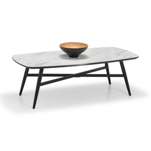 Julian Bowen Caruso White Marble Effect Rectangular Coffee Table with Black Powder-Coated Steel Legs – Modern Living Room Centre Table - Sleek Furniture