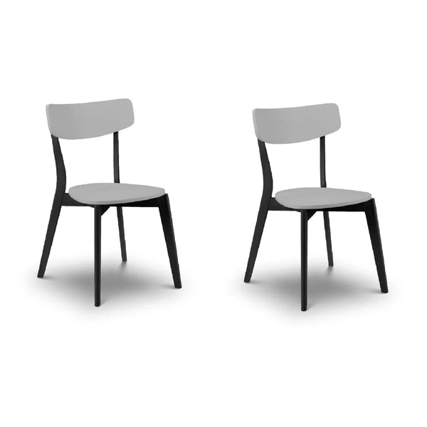 Front view of two retro grey dining chairs with supportive backrests