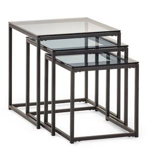 Julian Bowen Chicago Nest of 3 Side Tables with Smoked Glass Tops & Black Metal Frame - Sleek Furniture