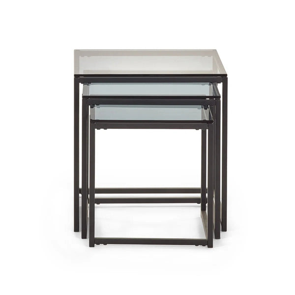 Julian Bowen Chicago Nest of 3 Side Tables with Smoked Glass Tops & Black Metal Frame - Sleek Furniture