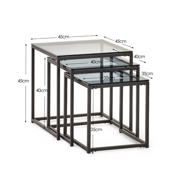 Julian Bowen Chicago Nest of 3 Side Tables with Smoked Glass Tops & Black Metal Frame - Sleek Furniture