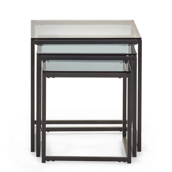 Julian Bowen Chicago Nest of 3 Side Tables with Smoked Glass Tops & Black Metal Frame - Sleek Furniture