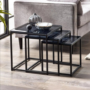 Julian Bowen Chicago Nest of 3 Side Tables with Smoked Glass Tops & Black Metal Frame - Sleek Furniture