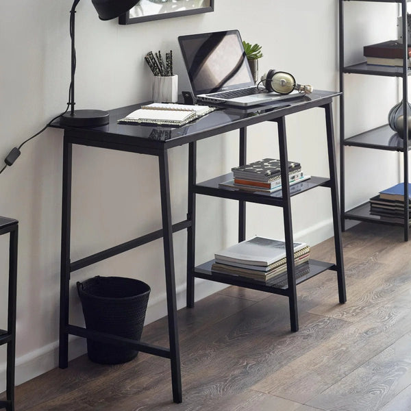 Julian Bowen Chicago Smoked Glass Home Office Desk with Minimalist Metal Frame - Sleek Furniture