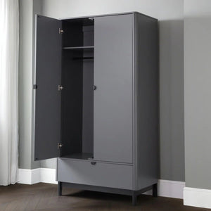 Julian Bowen Chloe 2 Door 1 Drawer Wardrobe in Storm Grey – Modern Wooden Bedroom Storage Cabinet with Hanging Rail & Drawer - Sleek Furniture
