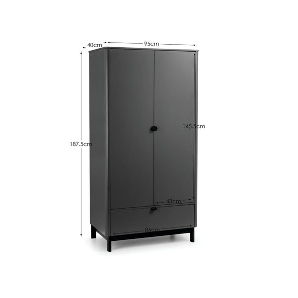 Julian Bowen Chloe 2 Door 1 Drawer Wardrobe in Storm Grey – Modern Wooden Bedroom Storage Cabinet with Hanging Rail & Drawer - Sleek Furniture