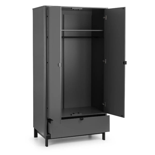 Julian Bowen Chloe 2 Door 1 Drawer Wardrobe in Storm Grey – Modern Wooden Bedroom Storage Cabinet with Hanging Rail & Drawer - Sleek Furniture