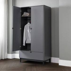 Julian Bowen Chloe 2 Door 1 Drawer Wardrobe in Storm Grey – Modern Wooden Bedroom Storage Cabinet with Hanging Rail & Drawer - Sleek Furniture