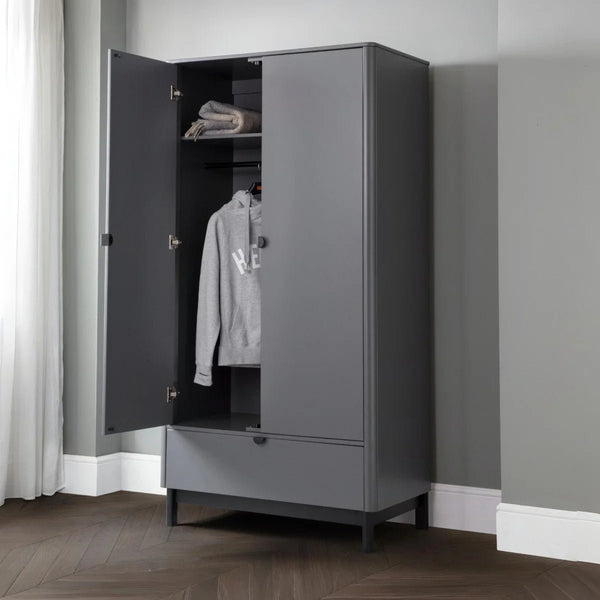 Julian Bowen Chloe 2 Door 1 Drawer Wardrobe in Storm Grey – Modern Wooden Bedroom Storage Cabinet with Hanging Rail & Drawer - Sleek Furniture